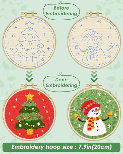 Image of ERKOON Christmas Punch Needle Kit Adults Beginners, 2 Pcs DIY Easy Embroidery Set for Starter Art Craft, Needling Punch Project with Patterns, Tools, Yarns, Hoop, Instruction (ChristmasTree & Snowman)