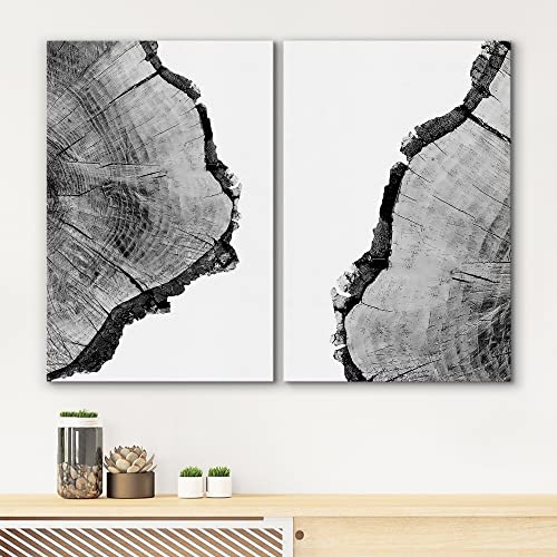 Signwin Canvas Wall Art Black And White Trees Ring Detail Print Nature Wilderness Mixed Media Farmhouse/Country Closeup Relax/Calm Duotone For Living Room - 16" X 24" X 2 Panels #TOP2