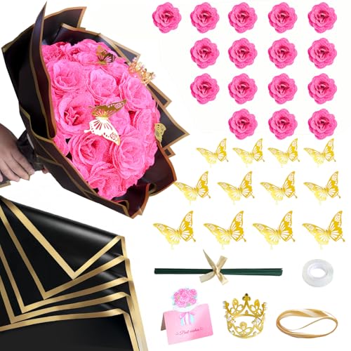 CCYXSHOW Glitter Rose Flower Bouquet Fake Roses Bouquet 16 Pcs DIY Glitter Rose Bouquet Kits Birthday Gifts for Women Mom Mothers Day Anniversary Graduation - Hot Pink