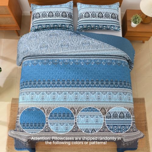 Image of Andency Blue Quilts Queen Size, 3 Pcs Boho Lightweight Striped Bedspread | Soft Blue Printed Bohemian Polyester Reversible Coverlet Comforter Sets for All Season (90 inchx96 inch)