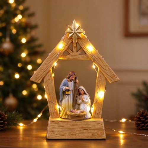 Wooden Jesus Nativity Scene Horse Trough Ornament & Led Lights, Home Decor - image 1