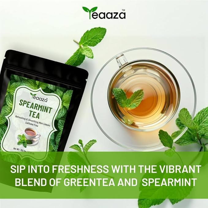 Image of Teaaza Organic Spearmint Tea Leaves - Pack of 2 x 100 Grams-200 Cups-Caffeine-Free Herbal Spearmint Tea for PCOS | SUPPORTS HORMONE BALANCE, ACNE, FACIAL HAIR & PCOS RELIEF | Fresh Minty Flavor, 100% Natural, Spearmint leaves | loose leaf spearmint herbal tea - 2 Months Budget Pack