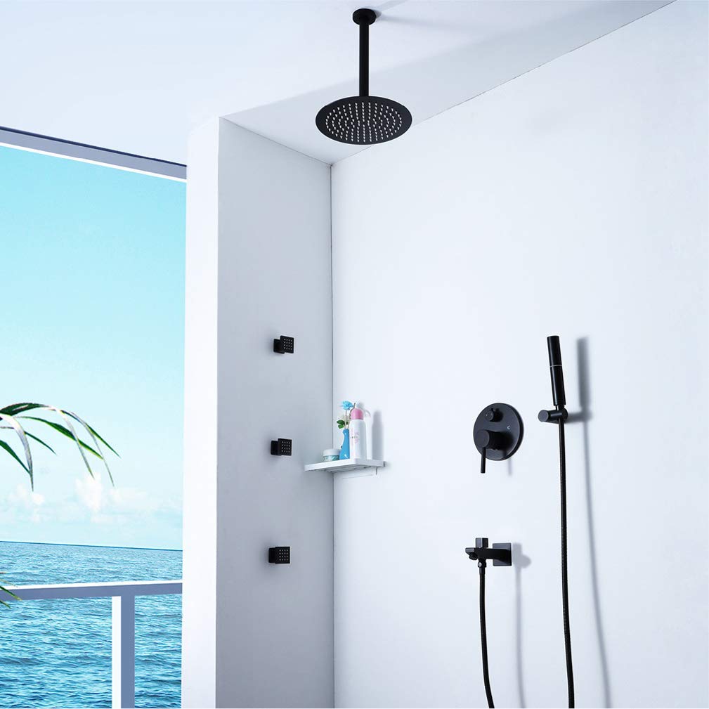 Ducha de baño negra de 10 pulgadas, cabezal de ducha ultrafino redondo de acero inoxidable con 3 pulverizadores corporales, pulverizador de mano SND, juego de ducha de lujo