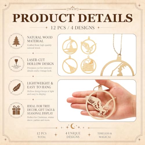 Image of Soulchen 12 Pcs Magical Wizard Party Decor Wizard Magic Lover Hollow Out Hanging Onaments Wooden Vintage Magic Hat Book Castle Broom Hanging Sign for Farmhouse Home Decoration