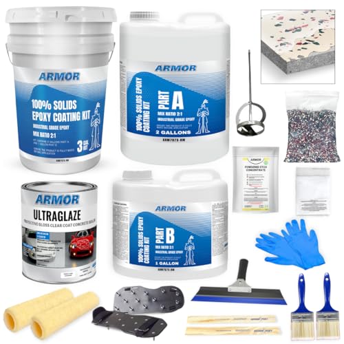 ArmorPoxy Garage Epoxy Floor Kit – 100% Solids - 2 Part Industrial-Grade Coating w/UltraGlaze Topcoat | DIY Slip & Hot Tire Resistant | 600 Sq Ft - Desert Tan - 17 pc kit