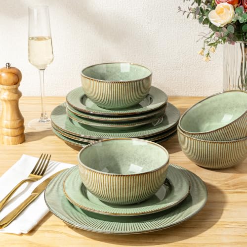 Image of GBHOME Ceramic Dinnerware Sets,12 pcs Embossed Elegant Stoneware Plates and Bowls Sets, Housewarming Wedding Gift | Dishwasher & Microwave Safe | Dishes Set Service for 4