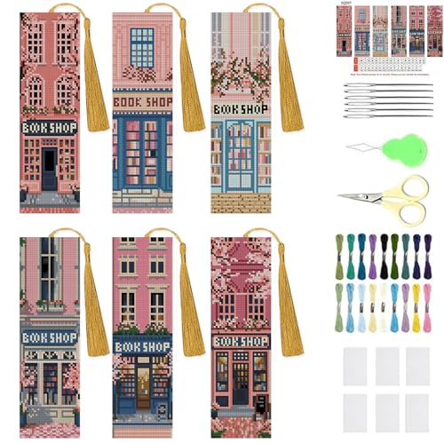 KYOQFVN 6 Pack Book Store Cross Stitch Bookmark Cross Stitch Bookmarks Kit for Beginners Adults 14CT Embroidery Bookmark Kit for Book Lovers Starter Craft 6 x 20cm