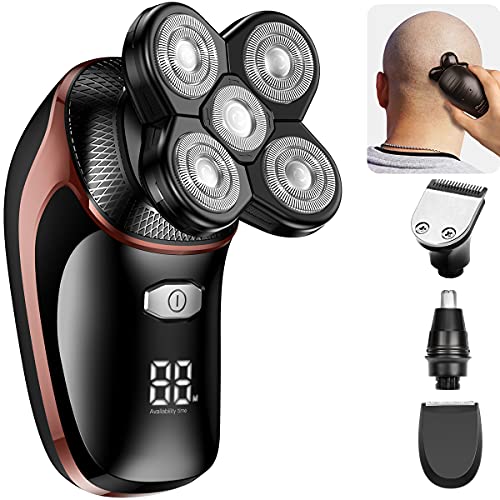 Head Shaver, ATEEN 5-in-1 Wet/Dry Bald Head Shavers for Men Anti-Pinch Head Electric Razor Grooming Kit Cordless Mens Rotary Shavers with LED Display, USB Rechargeable (Brown)