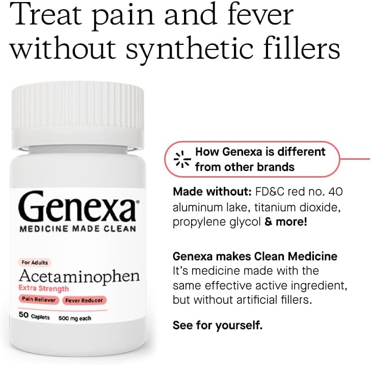 Genexa Extra Strength Acetaminophen Pain & Fever Relief Caplets, 500 mg, 50 Count…