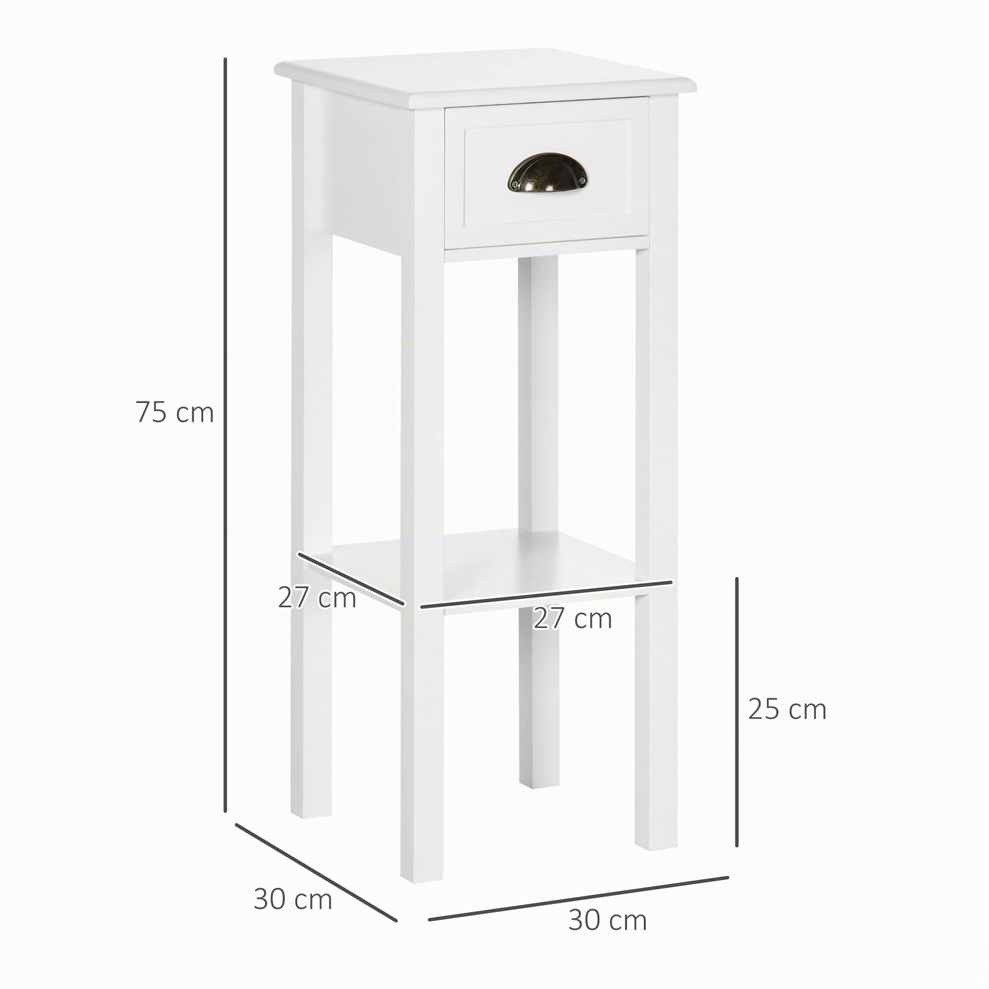 HOMCOM Conjunto de 2 Mesas Auxiliares Mesitas de Noche con Cajón y Estante de Almacenamiento Estilo Moderno para Salón Dormitorio 30x30x75 cm Blanco