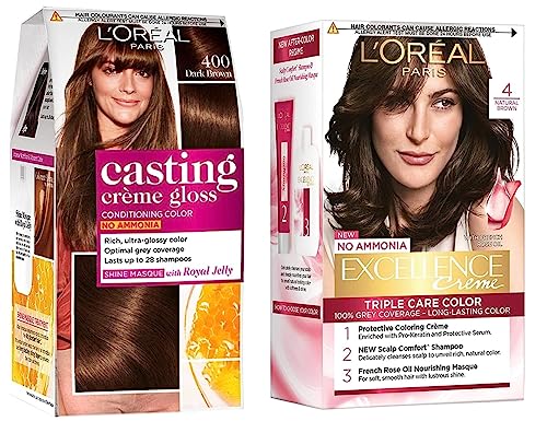 L’Oreal Paris Casting Creme Gloss, Dark Brown 400, 87.5g+72ml and L’Oreal Paris Excellence Creme Hair Color, 4 Natural Dark Brown, 72ml+100g