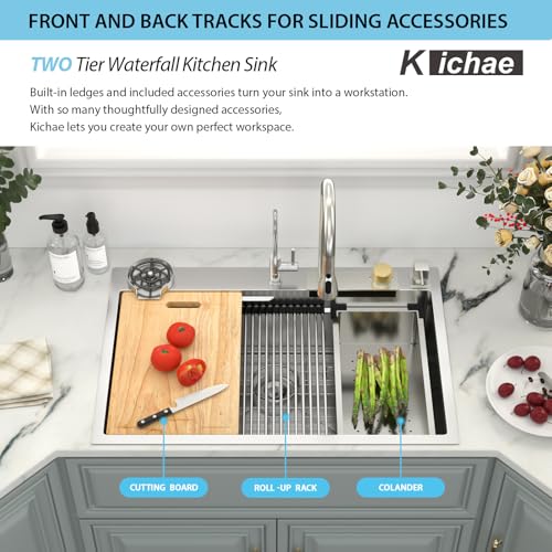 Image of Kichae 33x22 Waterfall Kitchen Sink Drop In Stainless Steel 16 Gauge Smart