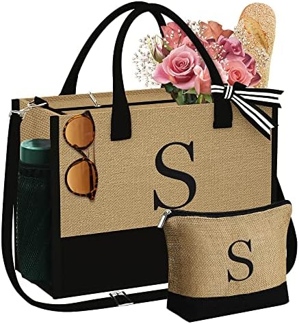 YOOLIFE Personalized Gifts for Women - Initial Jute Tote Bag & Makeup Bag, Birthday Gifts for Women Mom Wife Teacher Friend