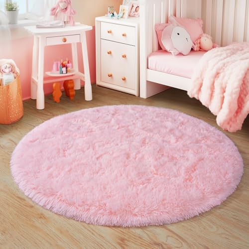 4'x4' Round Pink Rugs for Girls Bedroom, Ultra Soft Fluffy Circle Rug for Kids Room, Cute Shag Rugs for Living Room Playroom Tent Castle Home Decor Rug