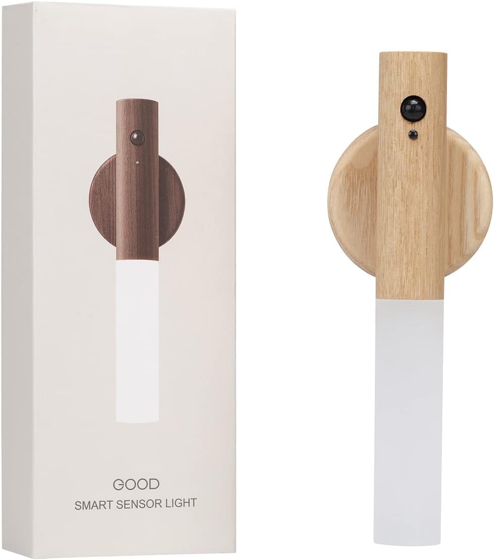 LANDGOO Motion Sensor Night Lights Magnet Body Sensor Hallway Night Lights Rechargeable Led Light Portable Stairway Night Lights Wooden Wall Sconce Battery Powered Cabinet Lights(White Ash Wood 1PC)