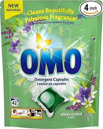 OMO White Orchid Laundry Capsules - 168 Capsule (42 Capsule x 4 Pack) 20g Each - Powerful Stain Removal with Long-Lasting Fragrance, Up to 14 days of wash-to-wash freshness, Dissolves fast