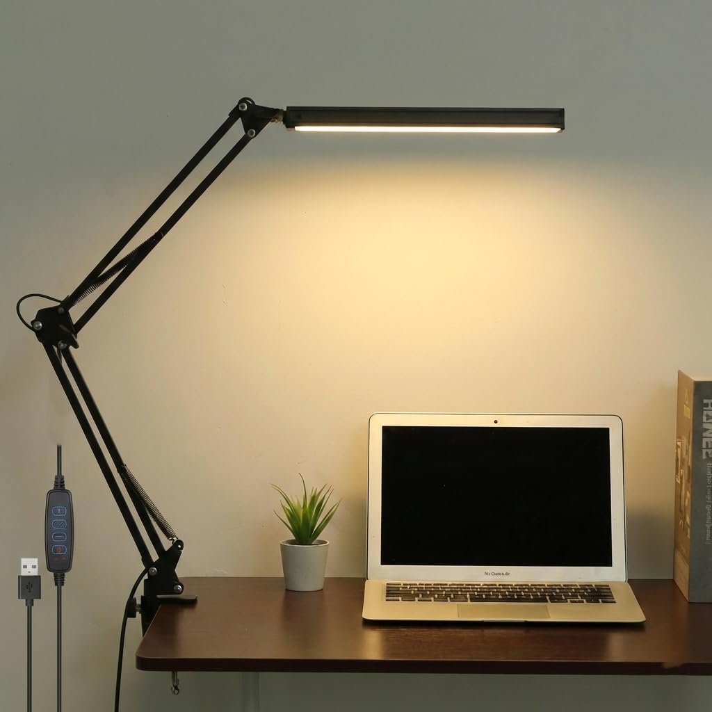 IMNISHNAY Adjustable LED Desk Lamp with Clamp, 3 Color Modes & 10 Brightness Levels, Eye-Care Swing Arm Lamp for Home Office, Study, and Work Desk Lighting (USB Operated) (Black)-image-19