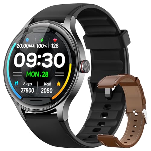 Fitpolo Smart Watches for Men/Women (2 Bands), 40mm Round Smartwatch Fitness Tracker with Bluetooth Calls (Make/Answer), Heart Rate/SpO2/Sleep Monitor, 7 Days Battery, IP68 Waterproof - Black