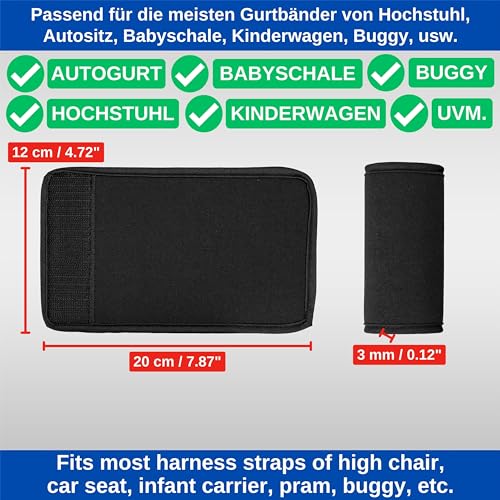 Gurtschoner für Hochstuhl und Kindersitz, 2 Stück, in Schwarz, Bezug aus weichen Neopren mit Klettverschluss, Gurtpolster Schrittgurt Kinderstuhl, Gurtkissen 5-Punkt Gurt, 3-Punkt Gurt, Autositz Gurt