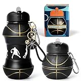 GVMJHYK Botella Agua Silicona Diseño Baloncesto - Niños, Niñas y Adultos- 550ml Plegable Botella de Agua con Llavero de Basquet Negra - Libre de BPA - Regalo Ideal para Deportes, Escuela y Aire Libre