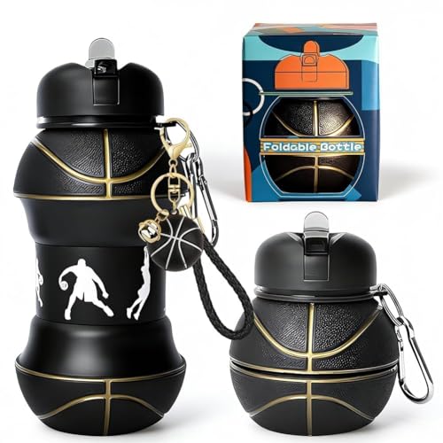 GVMJHYK Botella Agua Silicona Diseño Baloncesto   Niños, Niñas y Adultos  550ml Plegable Botella de Agua con Llavero de Basquet Negra   Libre de BPA   Regalo Ideal para Deportes, Escuela y Aire Libre