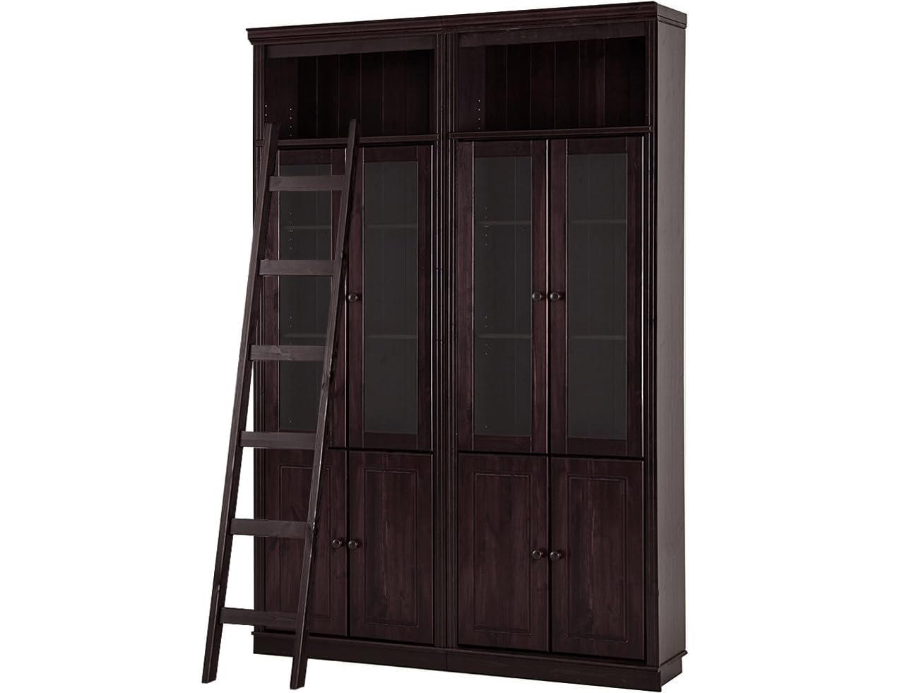 Anita Wall Unit J with 2 bookcases, 4 wooden doors, 4 glass doors and 1 ladder in havana lacquer,148x34x223 cm