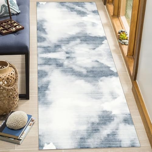 Tapis de couloir d'exception géométrique gris et bleu : confort durable - 6
