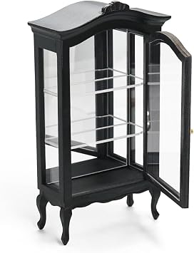 Odoria Dollhouse Curio Cabinet Miniature 1/12 Scale Display Bookcase for Victorian Living Room - Mini Vintage Storage Shelf with Mirror - Tiny Wood Black Furniture Antique