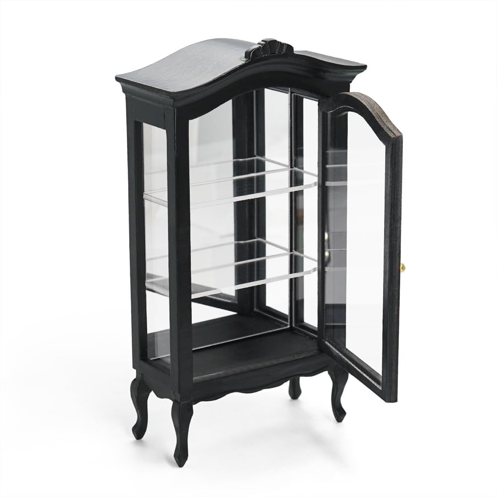Odoria Dollhouse Curio Cabinet Miniature: 1/12 Scale Display Bookcase for Victorian Living Room - Mini Vintage Storage Shelf with Mirror - Tiny Wood Black Furniture Antique