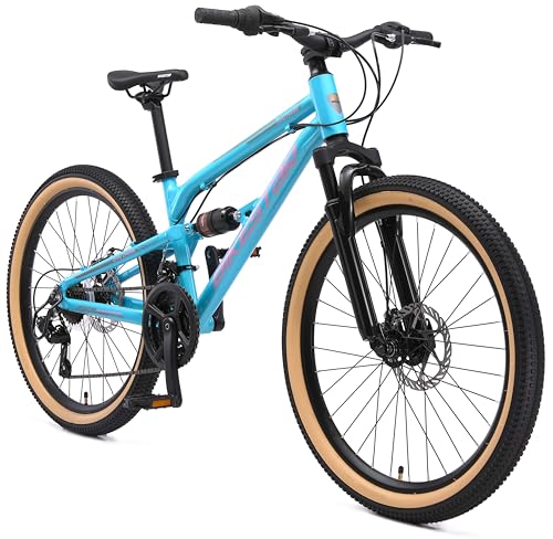 BIKESTAR VTT Vélo Tout Terrain Tout Suspendu pour Enfants de 9 Ans | Bicyclette 24 Pouces 21 Vitesses Shimano, Freins Disque | Bleu