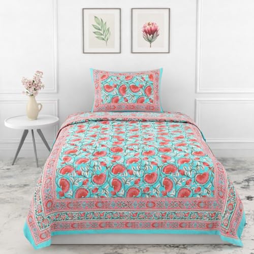 Image of elanorhomes 100% Cotton 240 TC Single Bed Sheet Set | Floral Printed Bedsheet with Pillow Cover | Soft Breathable Fabric for Bedroom | 60x90 Inches (Torquoise Pink Lotus)