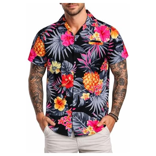 King Kameha Funky Hawaii-skjorta för män, kortärmad, frontficka, Hawaii-tryck, ananas, palmer och blommor, Svart grå, M
