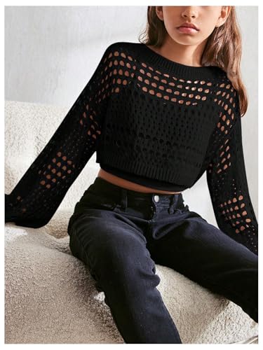 Image of RoseSeek Girl's Hollow Out Knitted Crop Sweater Long Sleeve Crew Neck Drop Shoulder Sheer Pullovers Knitwear
