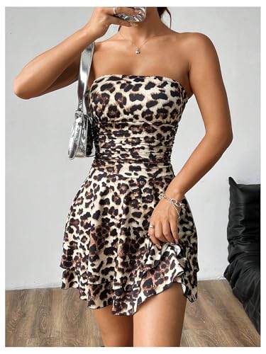 Floerns Women's Leopard Print Ruched Strapless Tube Dress Y2k A Line Tiered Dress3