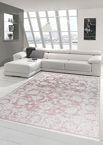 Merinos Vintage Teppich modern Wohnzimmerteppich Designteppich mit Fransen in Rosa Größe 80 x 300...