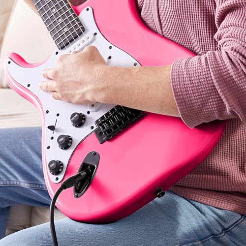 Image of LyxPro Left Hand 39 Inch Electric Guitar and Starter Kit for Lefty Full Size Beginner's Guitar, Amp, Six Strings, Two Picks, Shoulder Strap, Digital Clip On Tuner, Cable and Soft Case - Pink
