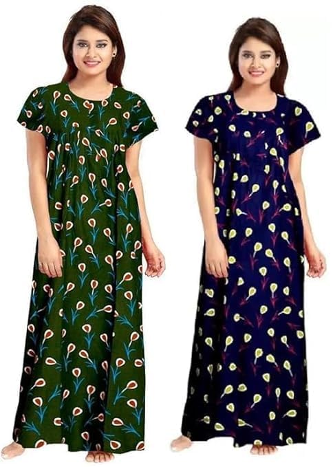 Image of NILOUFO Women's Cotton Printed Maxi Nighty - Pack of 2 | Soft Ankle-Length Sleepwear Gowns for Women | Free Size Night Dresses (Green,Blue, Free Size)