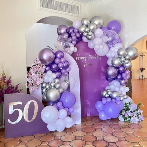 Image of 150Pcs Purple Balloons Garland Arch Kit - 5 10 12 18 inch Lavender Pastel Metallic Purple Confetti Balloons Silver White Latex Balloon for Girl Birthday Baby Shower Princess Party Decorations