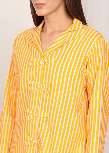 Image of Vlazom Women Cotton Striped Night Suit Set with Pocket | Full Sleeve Shirt & Pajama Co-Ord Set | Soft Breathable Sleepwear with Bow Detail | Comfortable Loungewear for Home