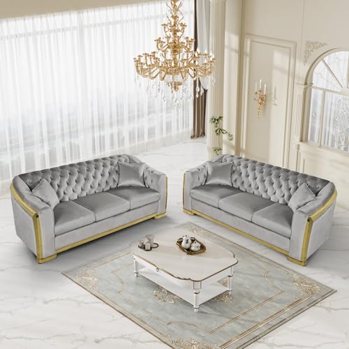 Nolohoo Luxury Velvet Chesterfield Sofa Set of 2, 84' Comfy Mid Century Modern Victorian Couch 3 Seater Curved Deep Seat Couches Tufted Sofas with Gold Legs for Apartment, Grey
