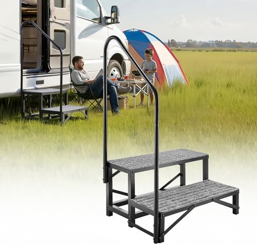 VEVOR RV Steps with Handrail, 2 Steps, 660 lbs Load Capacity, Heavy Duty Outdoor RV Stairs with Non-Slip Mat for Elderly and Pets, Portable Stairs for Hot Tub, Camper, Mobile Home, Porch, Pool, SPA