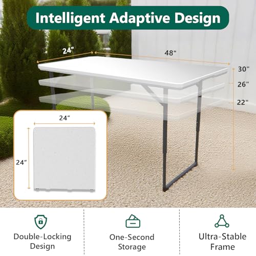 FurniEdge 4ft Folding Table with Adjustable Height, Heavy Duty Fold-in-Half Plastic Table with Steel Legs, Portable for Indoor, Outdoor, Picnic, Camping, Dining, Party, White