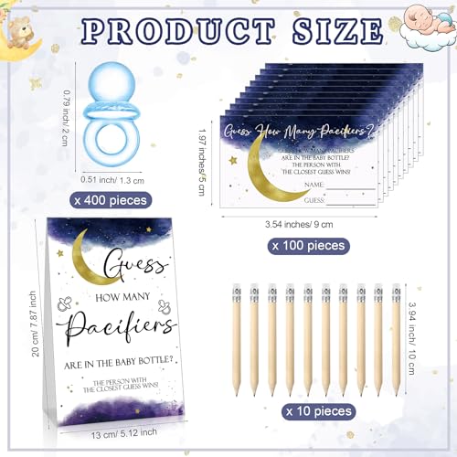 Image of Roowest 512 Pcs Baby Shower Games Guess How Many Pacifiers Sign 100 Small Guessing Games 10 HB Pencils 750ml Milk Bottle 400 Acrylic Pacifiers Decoration for Guest Gender Reveal(Blue,Moon)