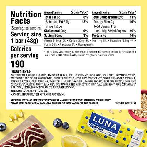 Luna Bar - Mashups - Gluten Free Snack Bars - Lemon Zest & Blueberry - 7G Of Protein - Non-Gmo - Plant-Based Wholesome Snacking - On The Go Snacks (1.69 Ounce Snack Bar, 15 Count) #TOP5