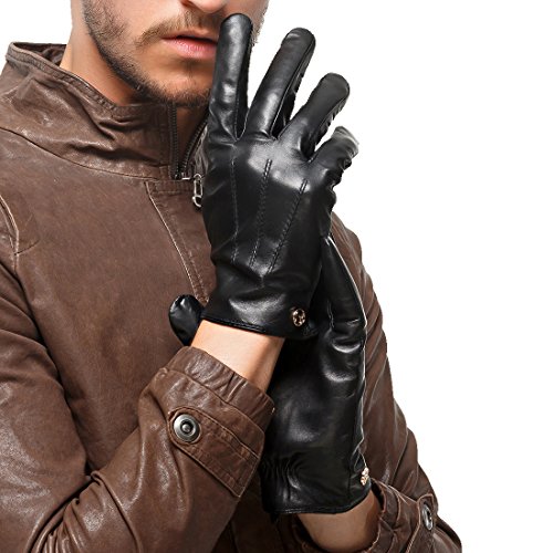 Nappaglo Men's Classic Lambskin Leather Gloves Touchscreen Winter Warm Driving Mittens with Long Fleece Lining (L (Palm Girth:8.5
