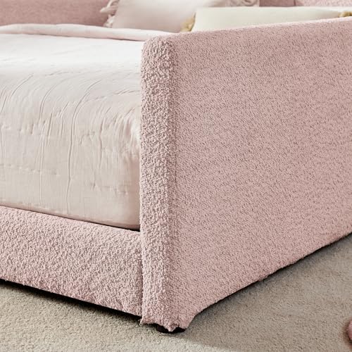 Image of KEIKI Full Size Upholstered Platform Bed Frame with Guardrail, Slats, Pink