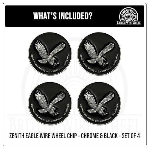 Image of Zenith Eagle Chrome & Black Metal Wheel Chip Emblems (Set of 4) | Triple Chrome Plated Solid Metal Wheel Chip Emblems, 2.25 inch | for Lowriders with Recessed Knock Off Spinner Caps