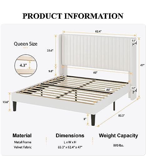 Image of SHA CERLIN Queen Size Velvet Bed Frame, Tufted Wingback Headboard, White | 47'' Modern Vertical Channel Headboard, Upholstered Platform Bed, Wood Slats, No Box Spring Needed, Easy Assembly, Noise Free