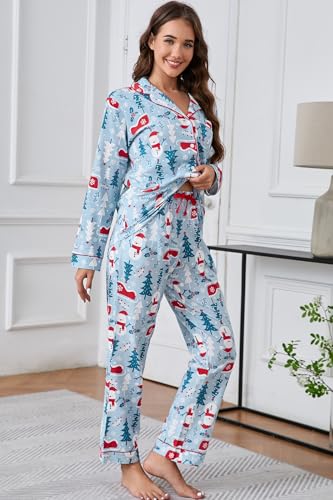 Image of LUBOT Christmas Pajamas for Women 100% Cotton Pajama 2 Piece PJ Set Soft Long Sleeve Button Xmas Print Loungewear XS-XXL