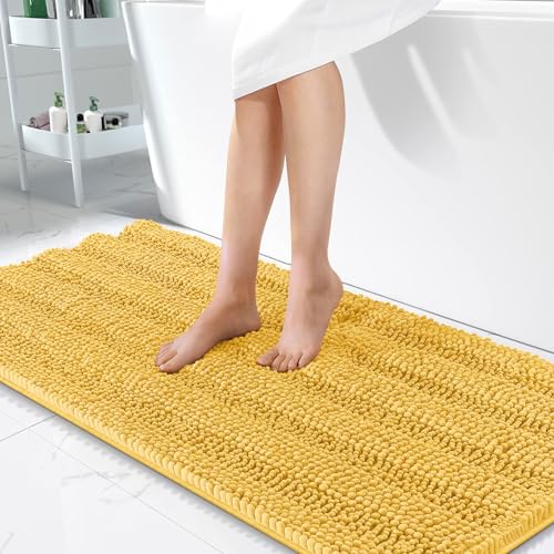 Image of OLANLY Thick Bathroom Runner Rugs 44x24, Extra Absorbent Chenille Striped Bath Rugs, Rubber Backing, Machine Wash Dry, Long Bath Mats for Bathroom Floor, Tub and Shower, Home Decor Accessories, Yellow